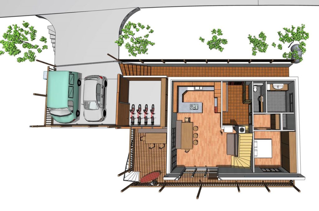 Grundriss eines nachahltigen ökologischen Holzhauses in Hanglage