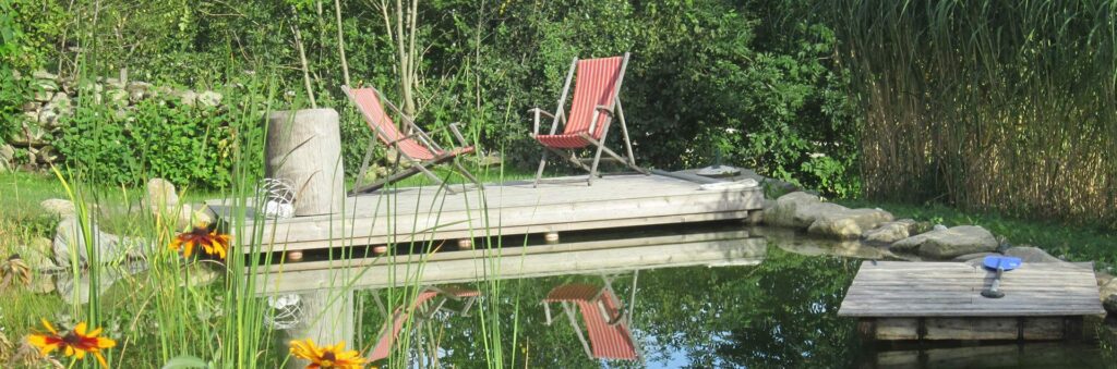 eine schmale holzterrasse mit einem baumsstumpf als tisch und zwei gestreiften liegestühlen spiegelt sich in einem kleinen teich davor. eine kleine schimmende plattform mit einem blauen ruder darauf, schwimmt rechts im teich. man sieht verschiedene gräßer, schilf, blühende blumen, stäucher und eine überwucherte niedrige steinmauer.